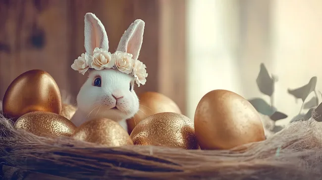 Osterdekor mit Hasen und Goldeiern