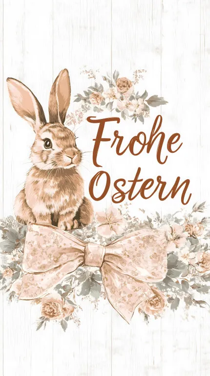Osterdekor mit niedlichem Hasen und Blumen auf Holzbrett