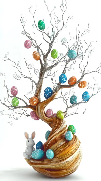 Osterdekor-Stillleben mit verdrilltem Ast und bunten Eiern