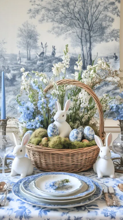 Osterdekoration in Blautönen mit Blumen und Eiern