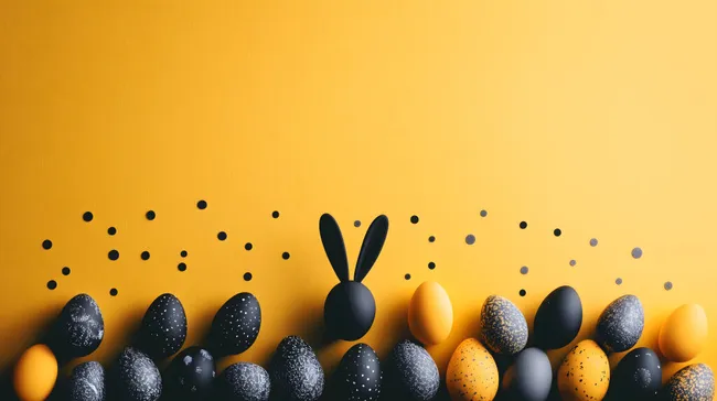 Osterdekoration mit Eiern und Hasenohren auf gelbem Hintergrund