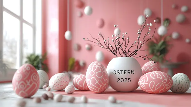 Osterdekoration mit Eiern und Zweigen in Pastelltönen