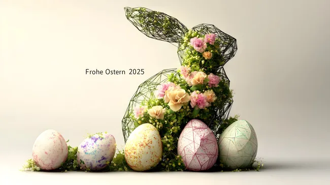 Osterdekoratives Arrangement mit Blumen und Eiern