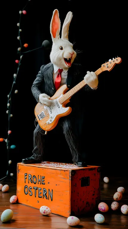 Osterfeierlicher Hase spielt E-Gitarre auf Holzförderkiste