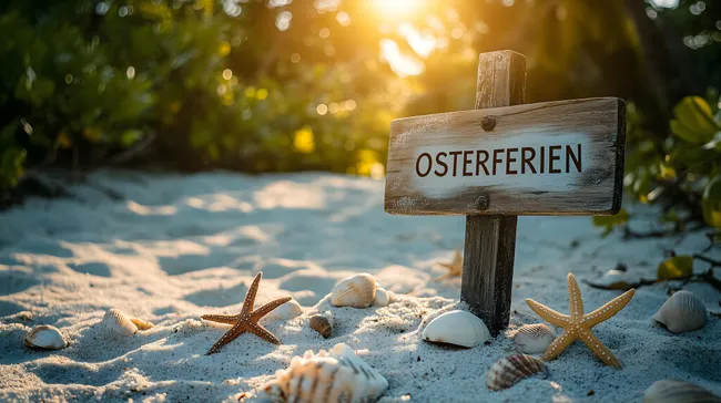 Osterferien am Strand mit Muscheln und Palmen