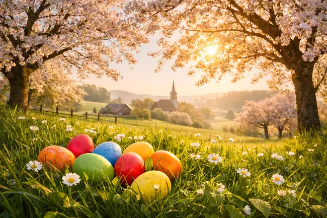 Osterfeststimmung in der Natur: Bunte Ostereier auf Frühlingswiese