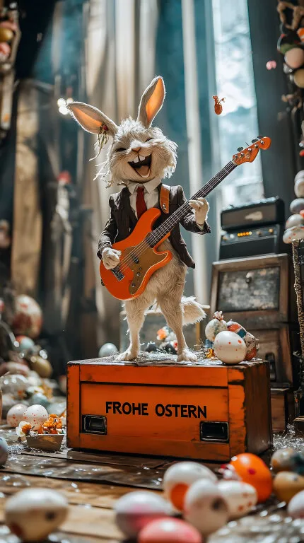 Ostergestalteter Hase mit E-Gitarre auf Bühne