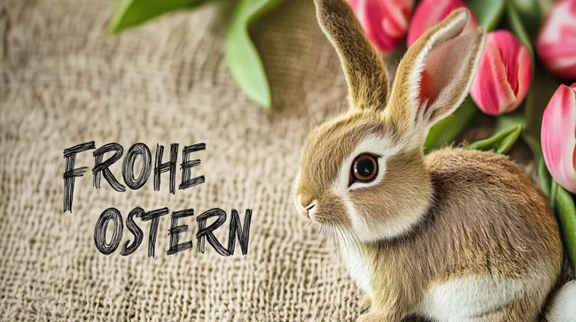 Ostergrüße mit Hase und Tulpen auf Jutegewebe