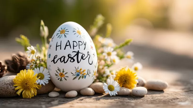 Ostergruß auf bemaltem Ei mit Blumen im Frühling