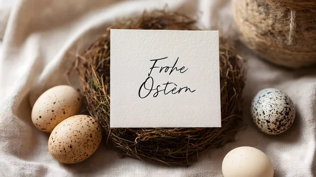 Ostergruß-Karte mit Dekoration im Nest