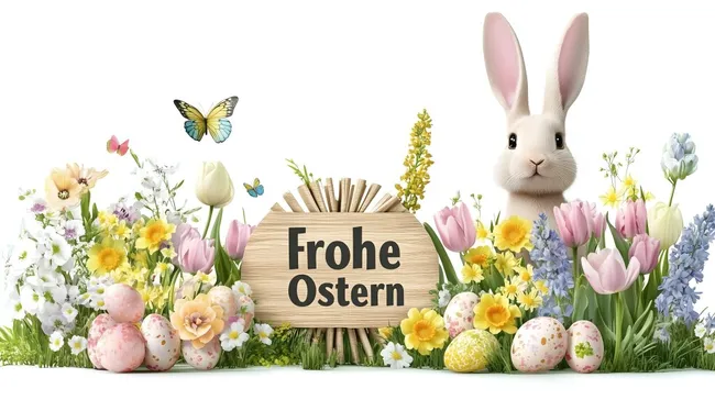 Ostergrußkarte mit Hasen, Blumen und Ostereiern