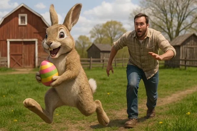 Osterhase auf Bauernhof rennt mit Ei vor Mann