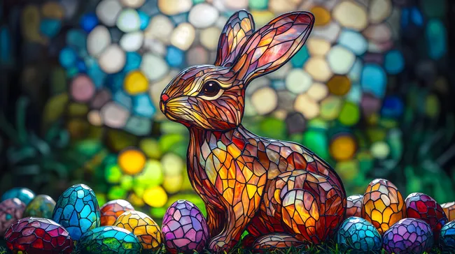 Osterhase aus buntem Glas inmitten von Ostereier