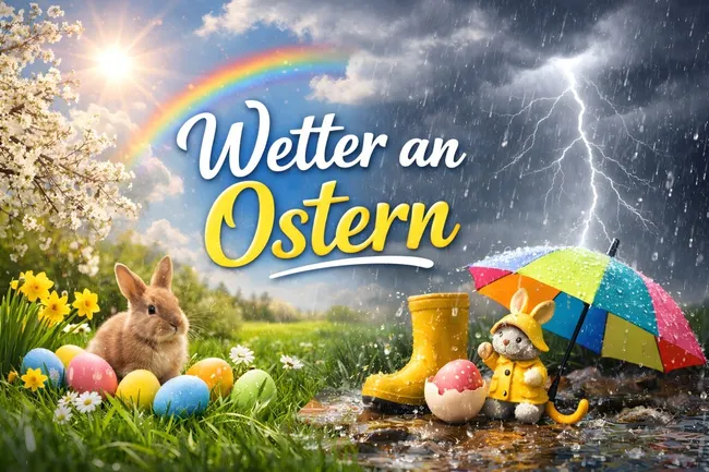 Osterhase im Regenschauer mit Regenbogen