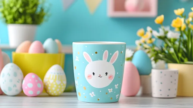 Osterhase-Kaffeebecher mit bunten Eiern und Blumen