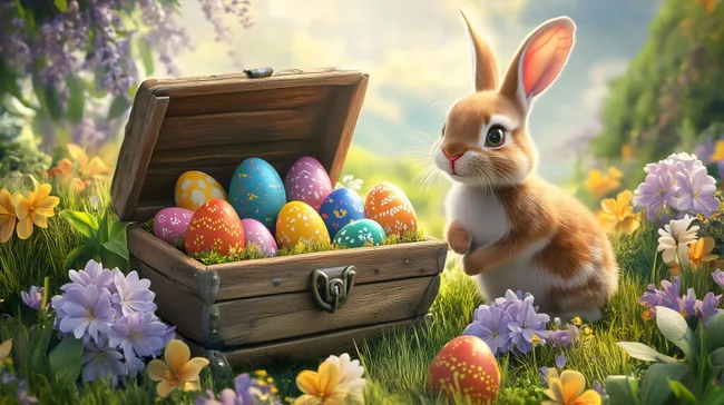 Osterhase mit dekorierter Schatztruhe voller bunter Eier