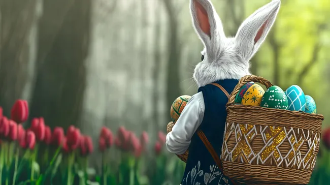 Osterhase mit Eiern im Frühlingshaften Waldlandschaft