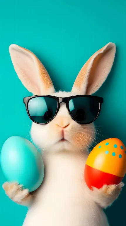 Osterhase mit modischer Sonnenbrille und bunten Eiern