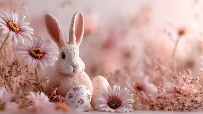 Osterhase mit Ostereiern und rosa Blumen im Frühlingsfeld