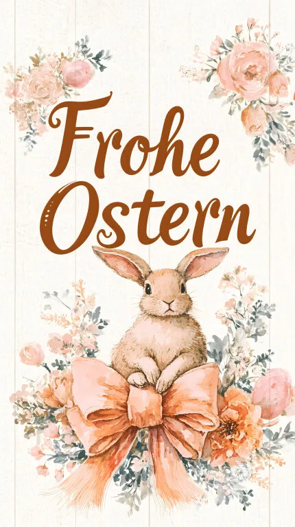 Osterhase mit Schleife und Blumen in pastell