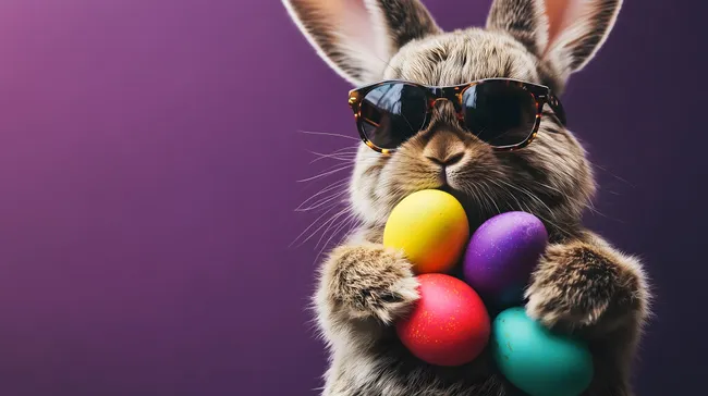 Osterhase mit Sonnenbrille hält bunte Ostereier