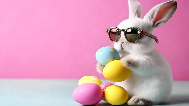 Osterhase mit Sonnenbrille und bunten Eiern vor rosa Hintergrund