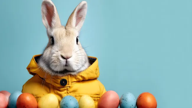Osterhase mit Warnweste und bunten Ostereiern