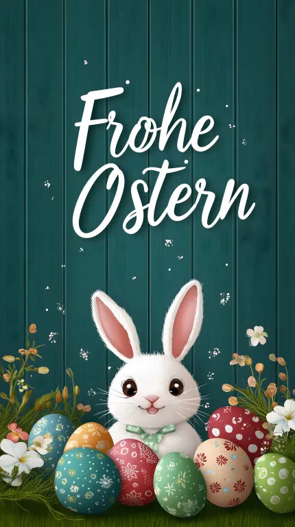 Osterhase und bunte Eier auf Holzboard