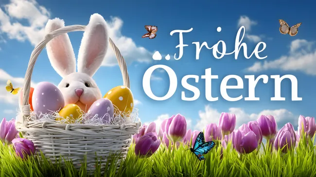 Osterhase und Eier im Korb auf Frühlingswiese