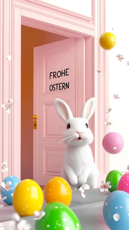 Osterhase vor rosa Tür mit Frohe Ostern Schriftzug und bunten Eiern