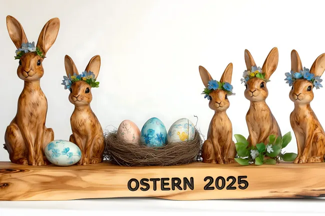 Osterhasen-Deko mit Blumen und Eiern für 2025