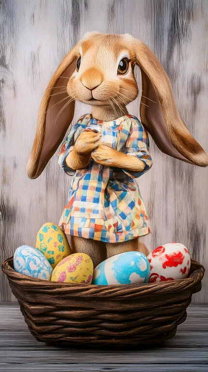 Osterhasen-Figur mit bunten Eiern in Korb