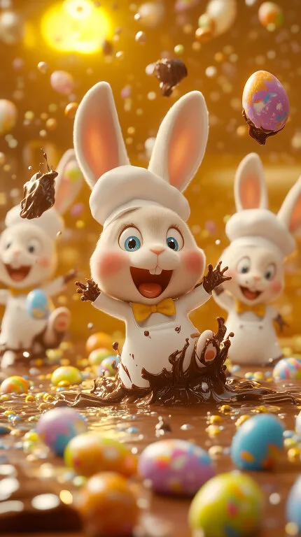 Osterhasen-Figuren mit Schokolade und Eiern