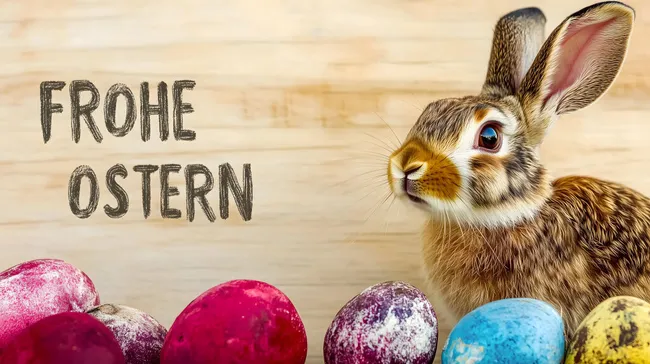 Osterhasen-Foto mit bunten Eiern auf Holzhintergrund