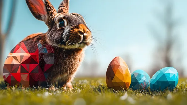 Osterhasen-Foto mit bunten, geometrischen Eiern