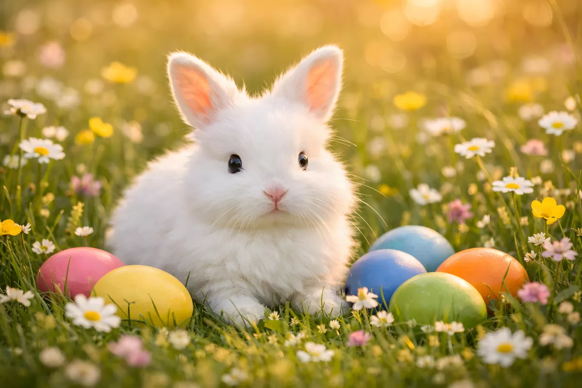 Osterhasen-Idylle auf blumenreicher Frühlingswiese