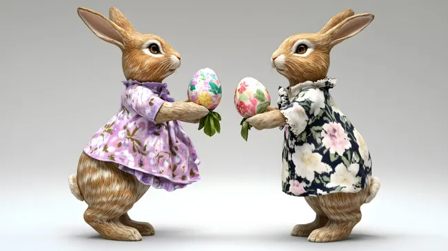 Osterhasen in bunten Frühlingskleidern mit bemalten Eiern