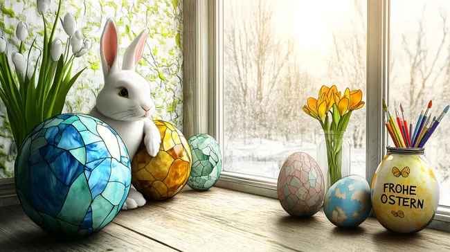 Osterhasen mit bunten Eiern und Frühlingsblumen am Fenster