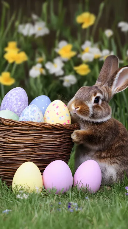 Osterhasen-Motiv mit bunten Eiern und Frühblühern