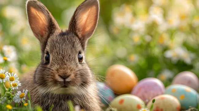Osterhasen-Porträt auf bunter Frühlingswiese