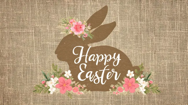 Osterhasen-Silhouette mit Frühlingsblüten auf Leinentextur