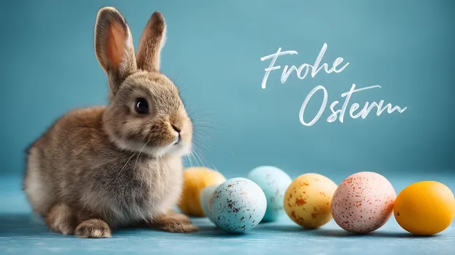 Osterhasen und bunte Eier auf blauem Hintergrund