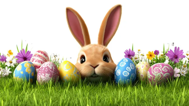 Osterhasen und bunte Ostereier auf Frühlingswiese