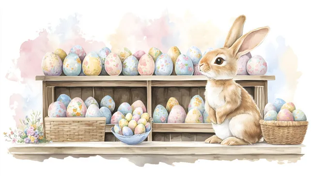 Osterhasen und bunte Ostereier in Regalen