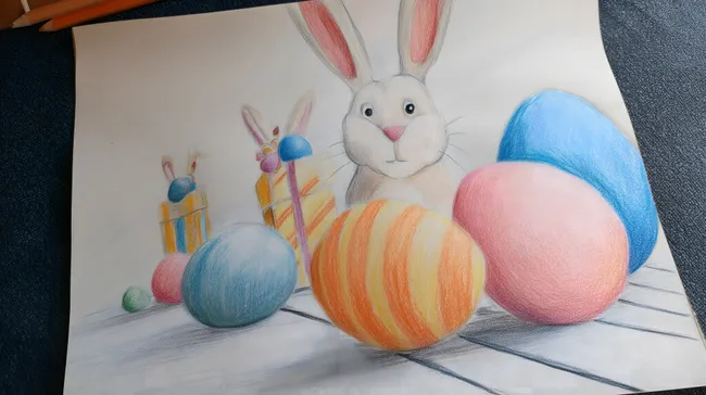 Osterhasen und Ostereier in leuchtenden Farben