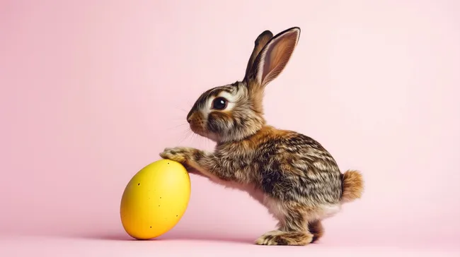 Osterhasenbaby mit gelbem Osterei vor rosa Hintergrund