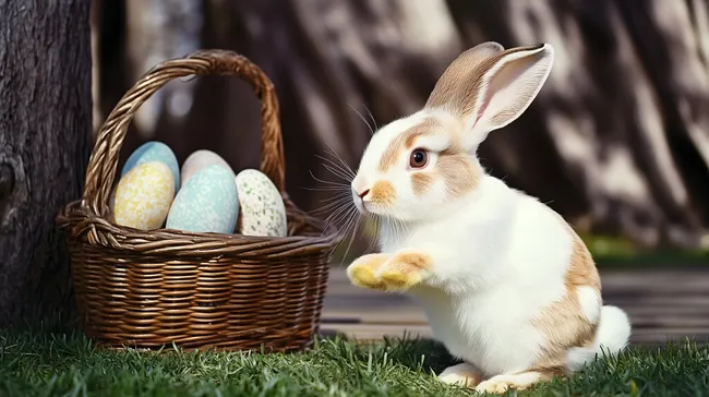 Osterhasenbaby mit Korb voller Ostereier