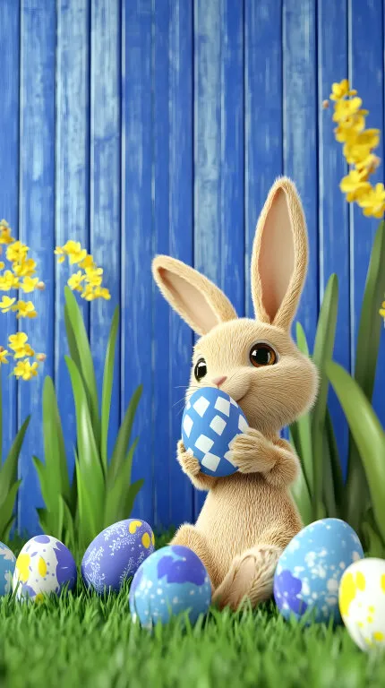 Osterhasenbild mit bemalten Eiern und Blumen