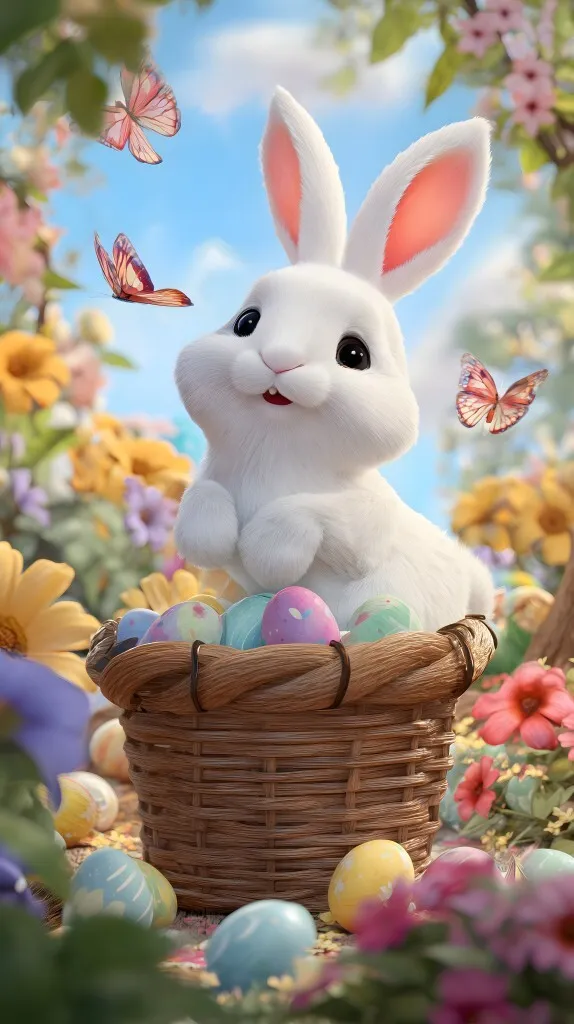 Osterhasenfamilie im Frühlingsblütengarten