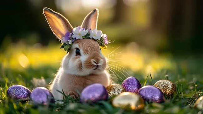 Osterhasenfoto mit Blumenkranz und bunten Eiern